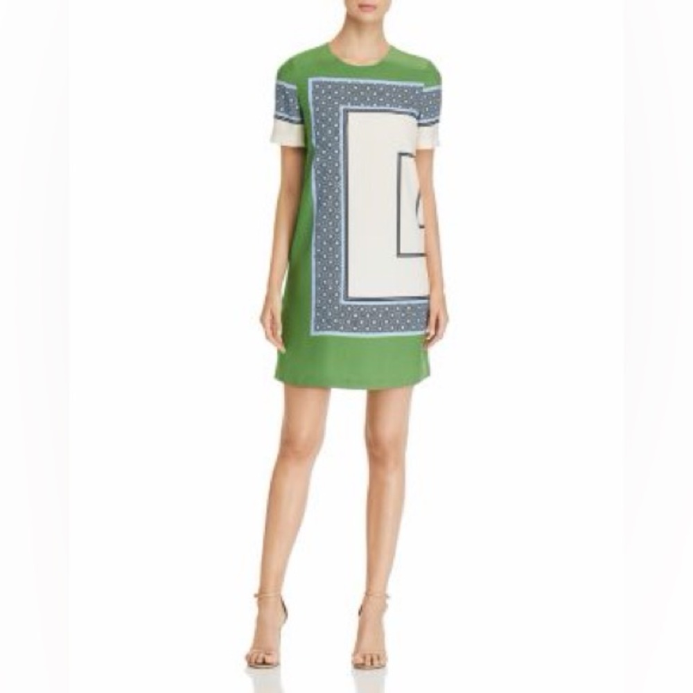 tory burch mallory silk color block dress green blue white mini business casual